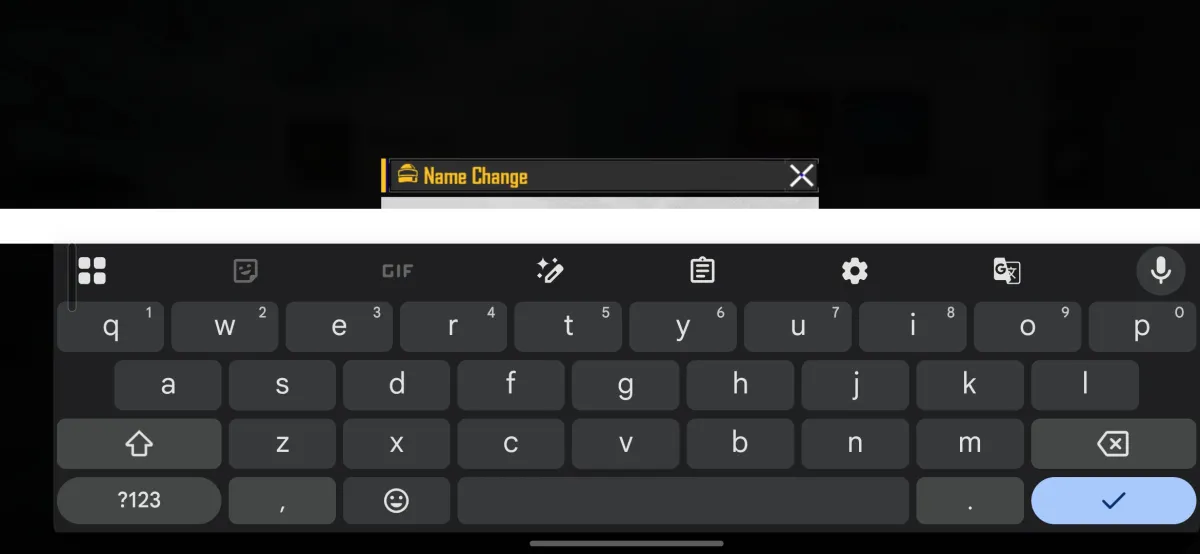 The phone keyboard open over the BGMI Name Change box, ready to paste a new name