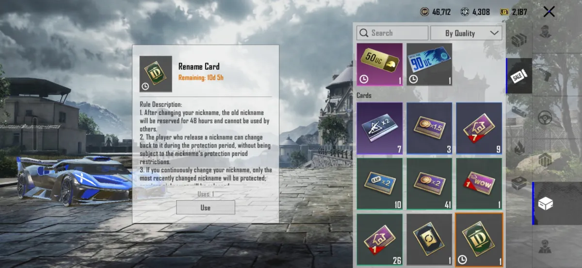 BGMI inventory with the Rename Card selected under Cards, showing its rules and the Use button