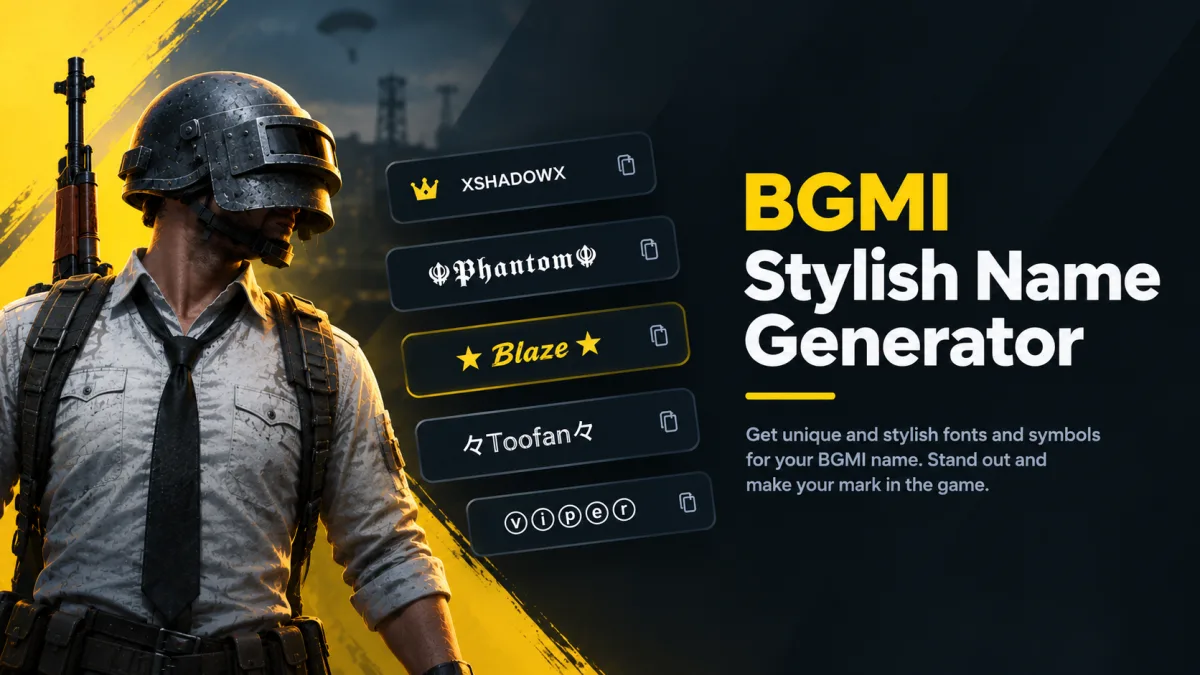 BGMI Stylish Name Generator: a player in a level 3 helmet next to stylish names like Shadow, Phantom, Blaze, Toofan and Viper