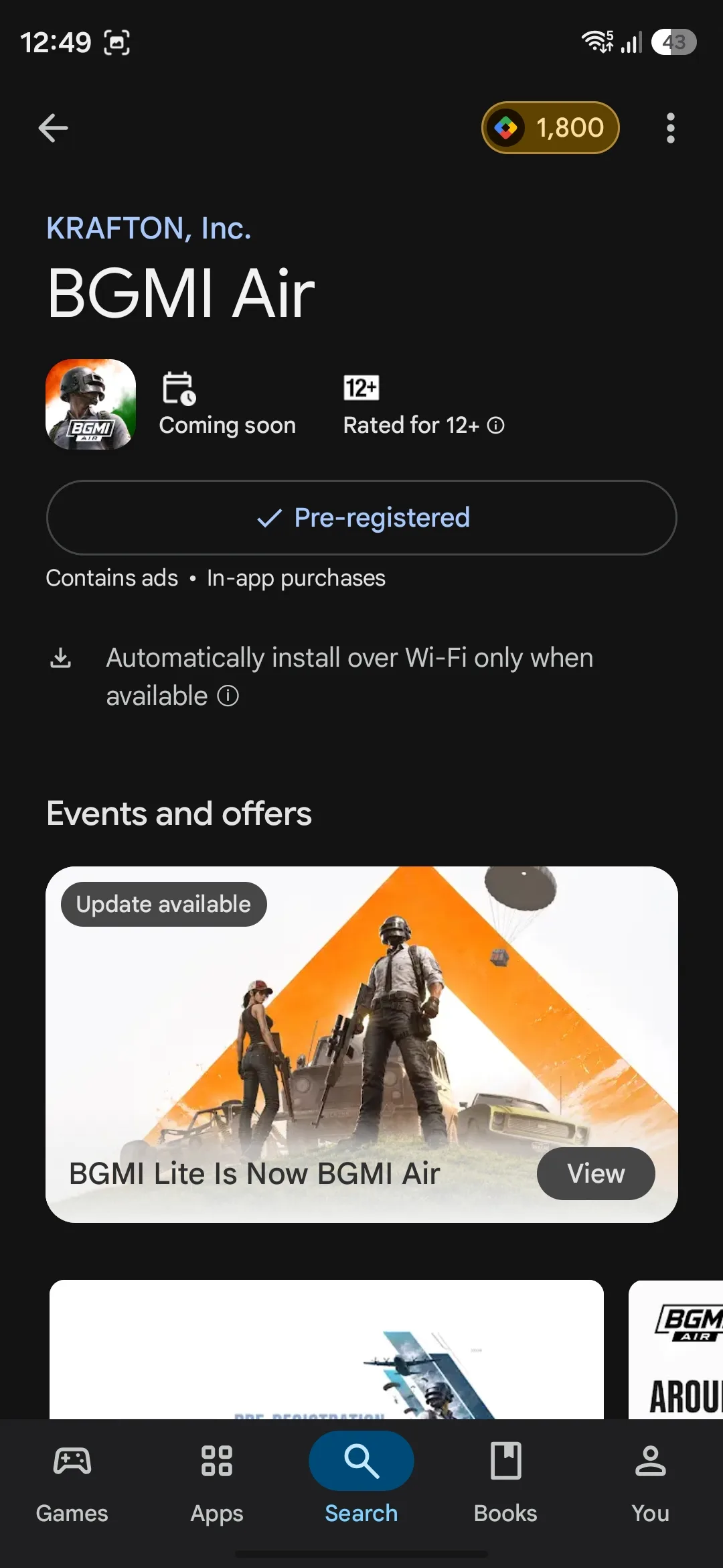 Screenshot of playstore - pre registration of bgmi air