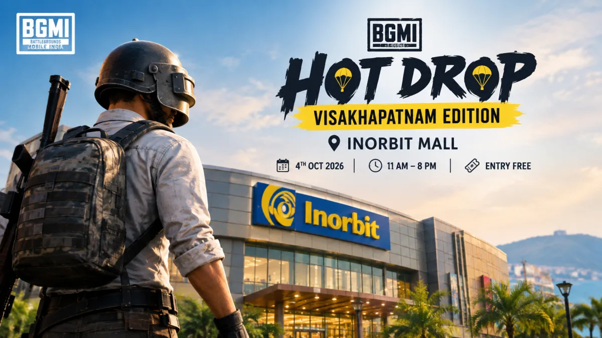 BGMI Hot Drop Visakhapatnam event banner with merch and cosplay stage at Inorbit Mall