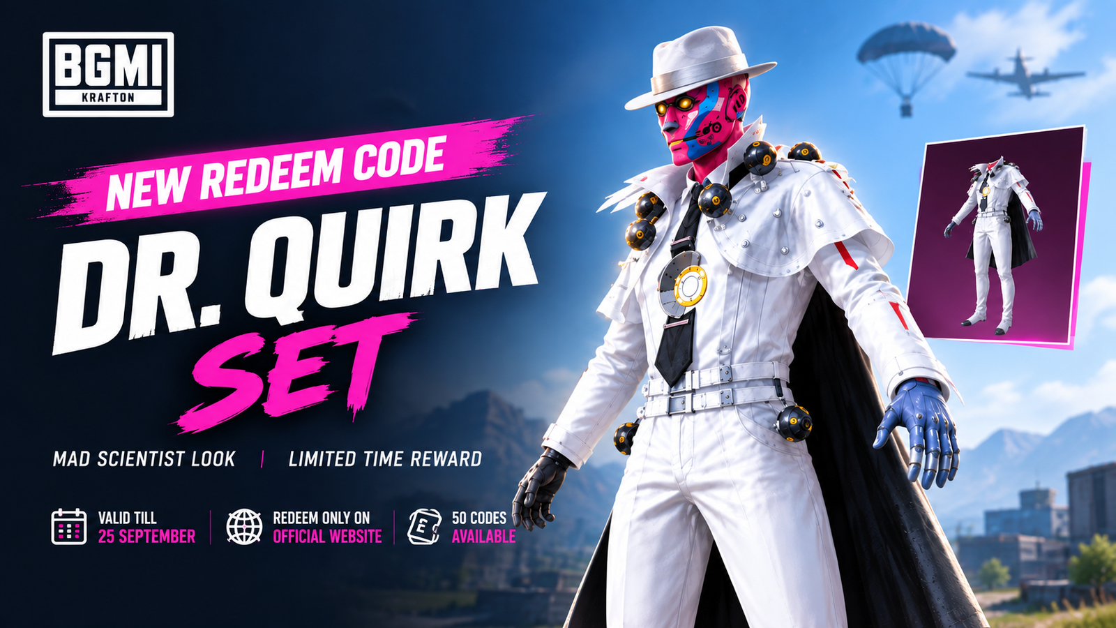Dr. Quirk Set ke saath naya BGMI Redeem Code drop 15 September ko